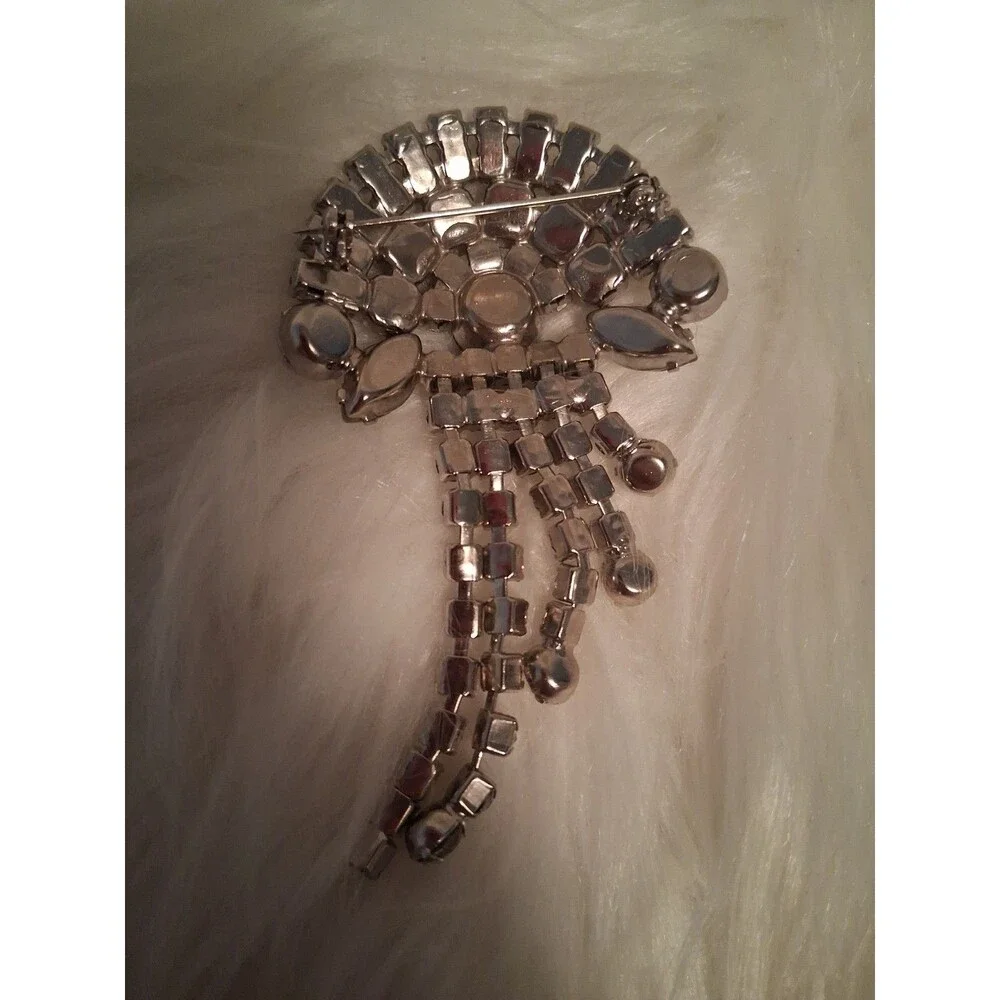 VTG Clear Rhinestone Silvertone Waterfall Brooch Dangle Fringe Art Deco